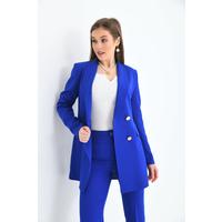4 түймелі орамал жағалы костюм Сакс көк