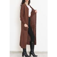 Длинный трикотажный кардиган с карманами Acıkahve — 17044.1801.