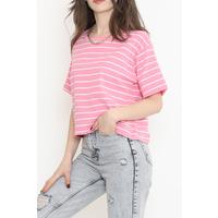 Çizgili Crop Tişört Pembebeyaz - 9525.1567.