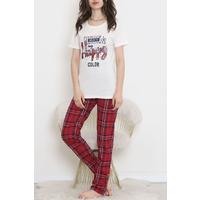 Desenli Pijama Takımı Beyazbordo - 15279.1773.