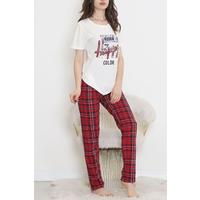 Desenli Pijama Takımı Beyazbordo - 15279.1773.