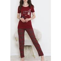 Desenli Pijama Takımı Bordo - 15279.1773.