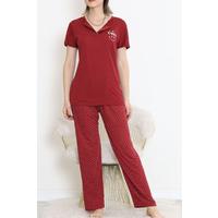 Düğmeli Pijama Takımı Bordoekru - 704.1287.