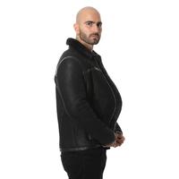 Men's Leather Banded Sheepskin Casual Jacket, Washed Black with Black Wool E26-WSD-BLK-TTSW