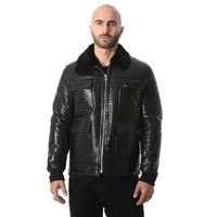 Мужская Куртка-Bomber из Стриженого Меха, Черная шерсть с Тиснением под Крокодила E21-CRO-BLK-TTSW