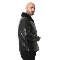 Мужская Куртка-Bomber из Стриженого Меха, Черная шерсть с Тиснением под Крокодила E21-CRO-BLK-TTSW