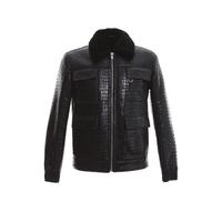 Мужская Куртка-Bomber из Стриженого Меха, Черная шерсть с Тиснением под Крокодила E21-CRO-BLK-TTSW