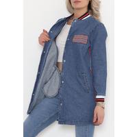 Embroidered Long Denim Jacket Blue - 1595.1367.
