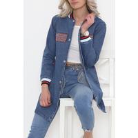 Embroidered Long Denim Jacket Blue - 1595.1367.