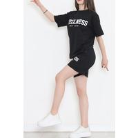 Oversize Baskılı Şortlu Takım Siyah - 12629.5238.