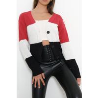 Three Color Crop Cardigan Red - 10350.1319