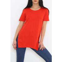 Combed Tunic T-shirt with Slits Red - 1063.275.