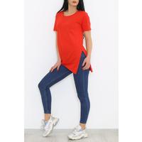 Combed Tunic T-shirt with Slits Red - 1063.275.